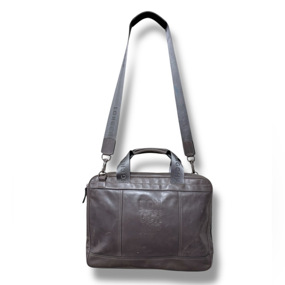 Longchamp Cavalier Grey Italian Leather Document Holder Messenger Bag